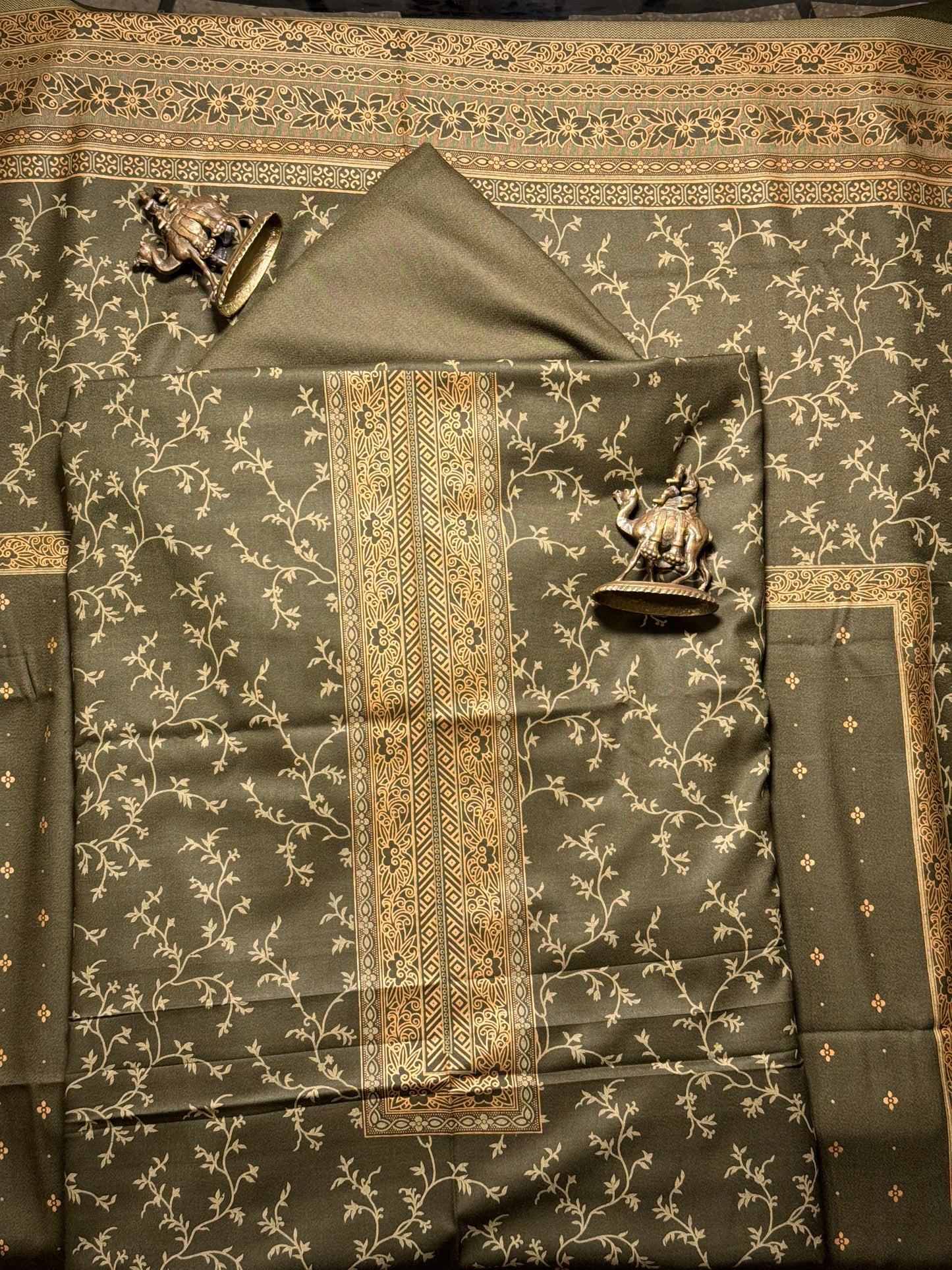 3 PC Dhanak printed chestnut  suite with Dyed Trouser