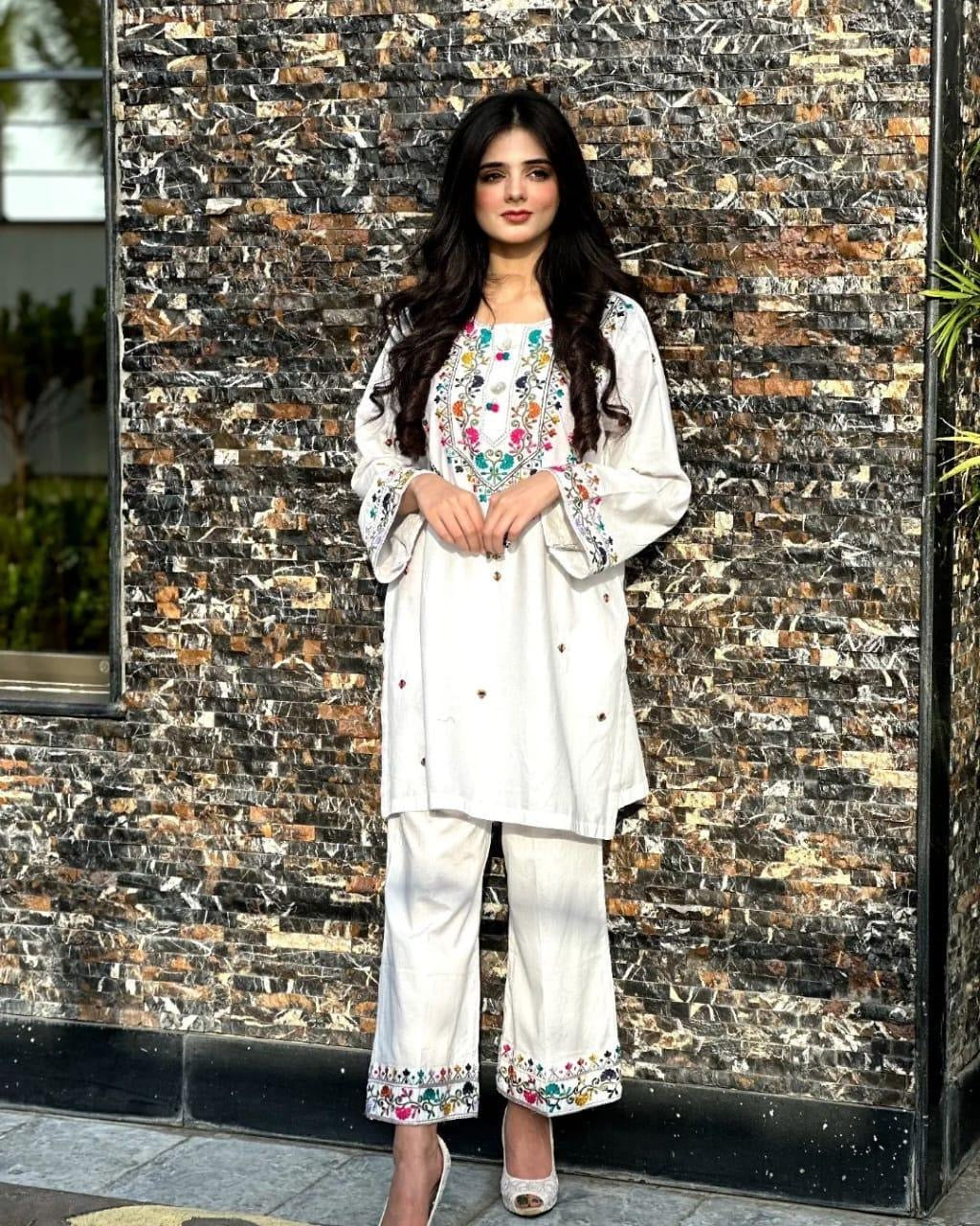 2 pcs women’s stitched linen embroidered shirts and trousers