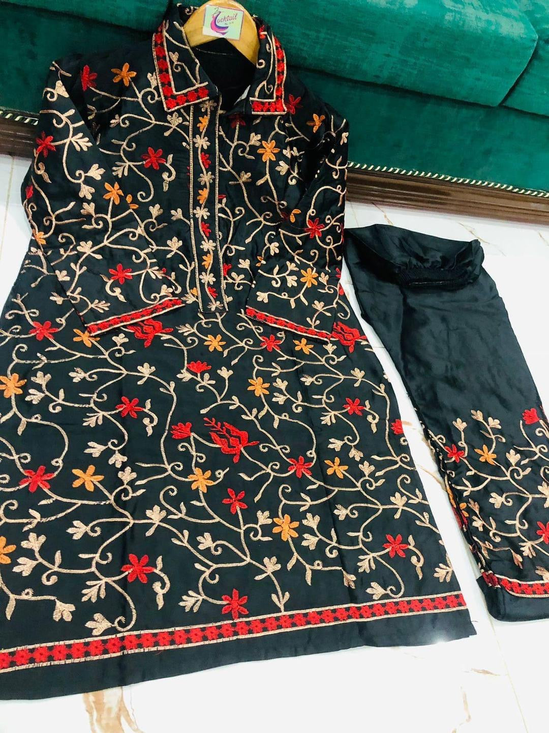 2 pcs women’s stitched katan silk embroidered shirt and trouser.