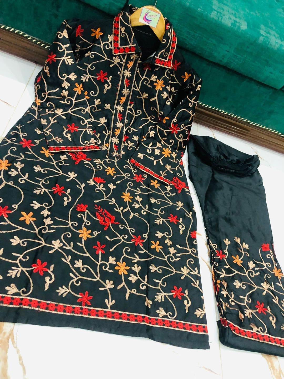 2 pcs women’s stitched katan silk embroidered shirt and trouser.