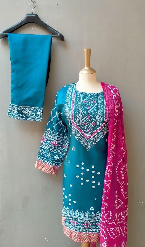 3 pcs women’s stitched katan silk embroidered suit