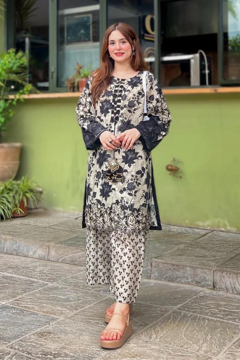 2 pcs women’s stitched printed Khaddar shirt and trouser