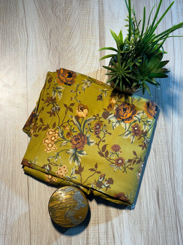 2 PC Linen printed Yellow suite with Dyed Trouser